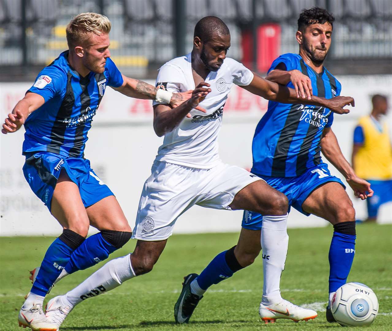 Bedsente Gomis on the ball during Dover's pre-season fixture with Gillingham Picture: Alan Langley