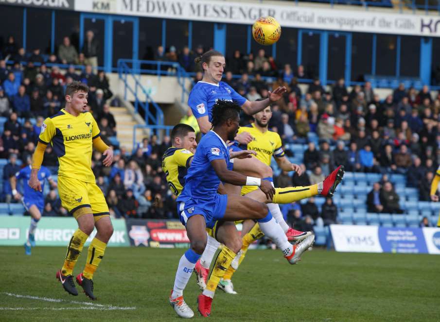 Tom Eaves goes for a header Picture: Andy Jones