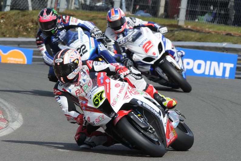 Shane Byrne leading Alex Lowes and Josh Brookes in race one of the British Superbike Championship at Brands Hatch. Picture: Simon Hildrew