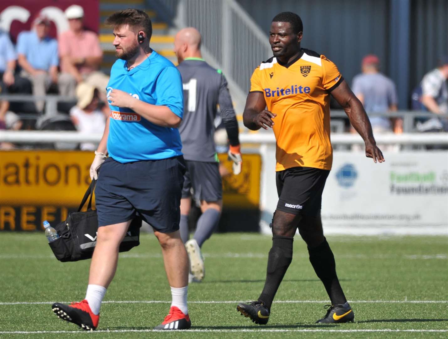 George Elokobi goes off injured against Chelmsford, handing Lewis Knight his chance Picture: Steve Terrell