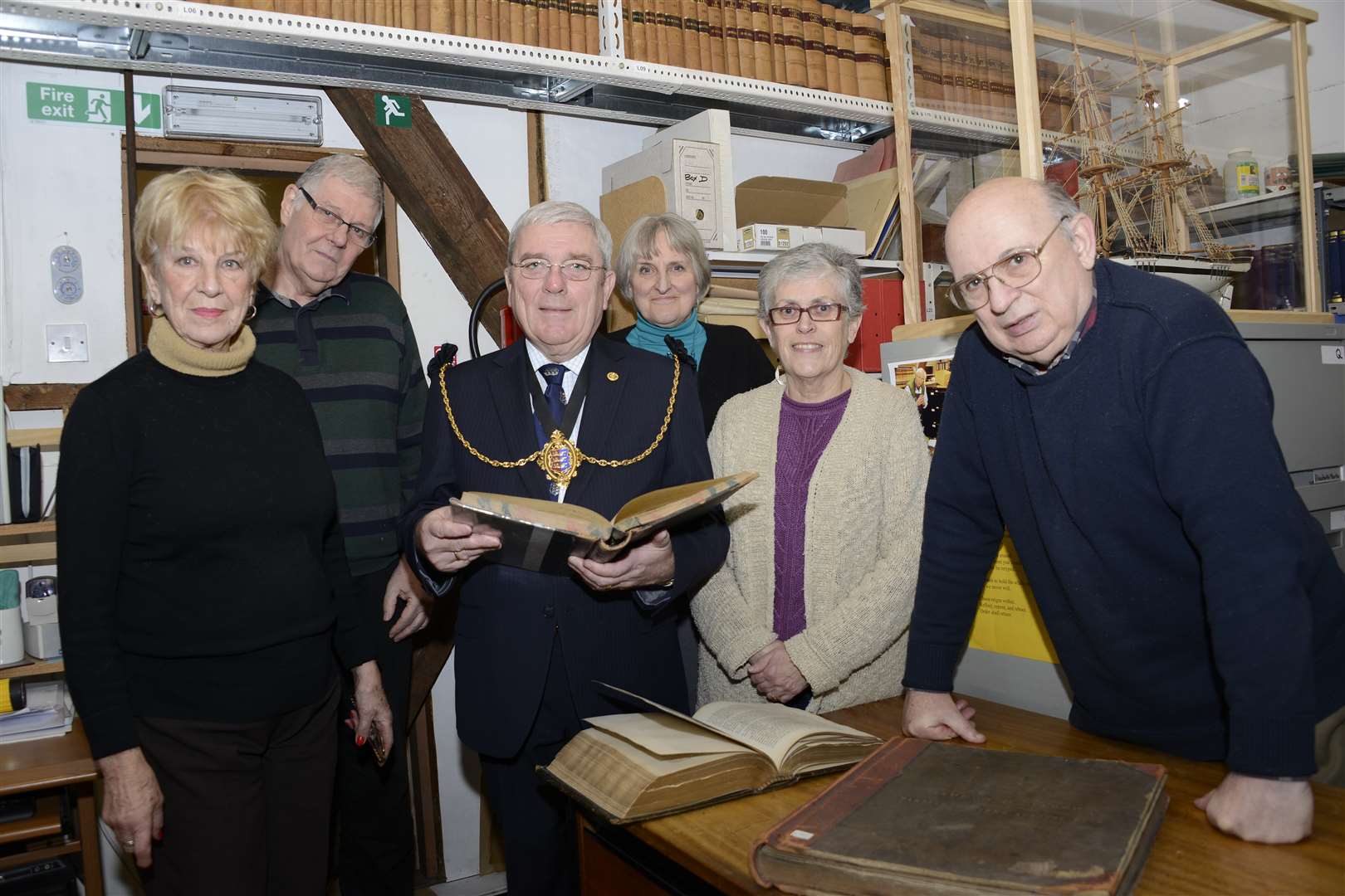 Mayor of Sandwich Cllr Paul Graeme with Hon Curator Ray Harlow and asst archivists June Edwards, John Hennessy, Mary Stewart and Linda Elliot