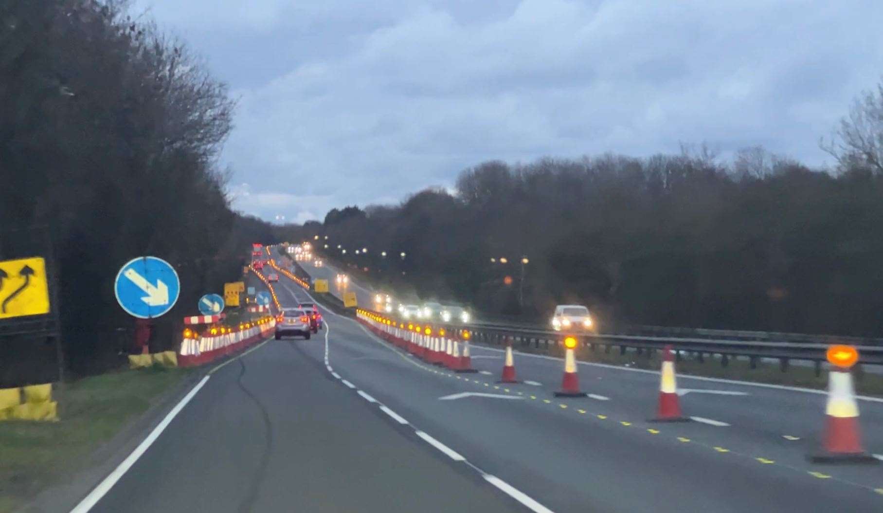 The lanes on the M2 between Sittingbourne and Faversham, coastbound, have been temporarily narrowed. Picture: Megan Carr