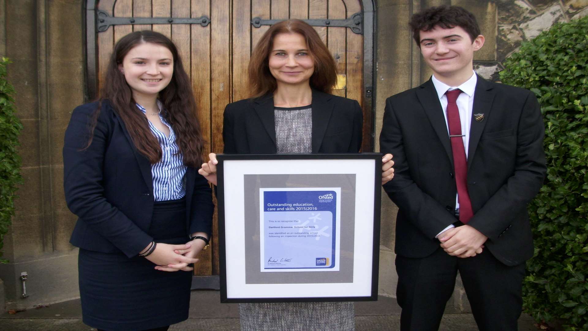 Head students Emily Garry, 17, and Patrick Ryan, 17, with head teacher Sharon Pritchard.