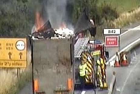 Lorry fire on the M25 at Westerham. Picture: Highways Agency