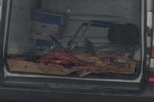 The meat is pictured lying on broken down cardboard boxes in the back of an unrefrigerated van