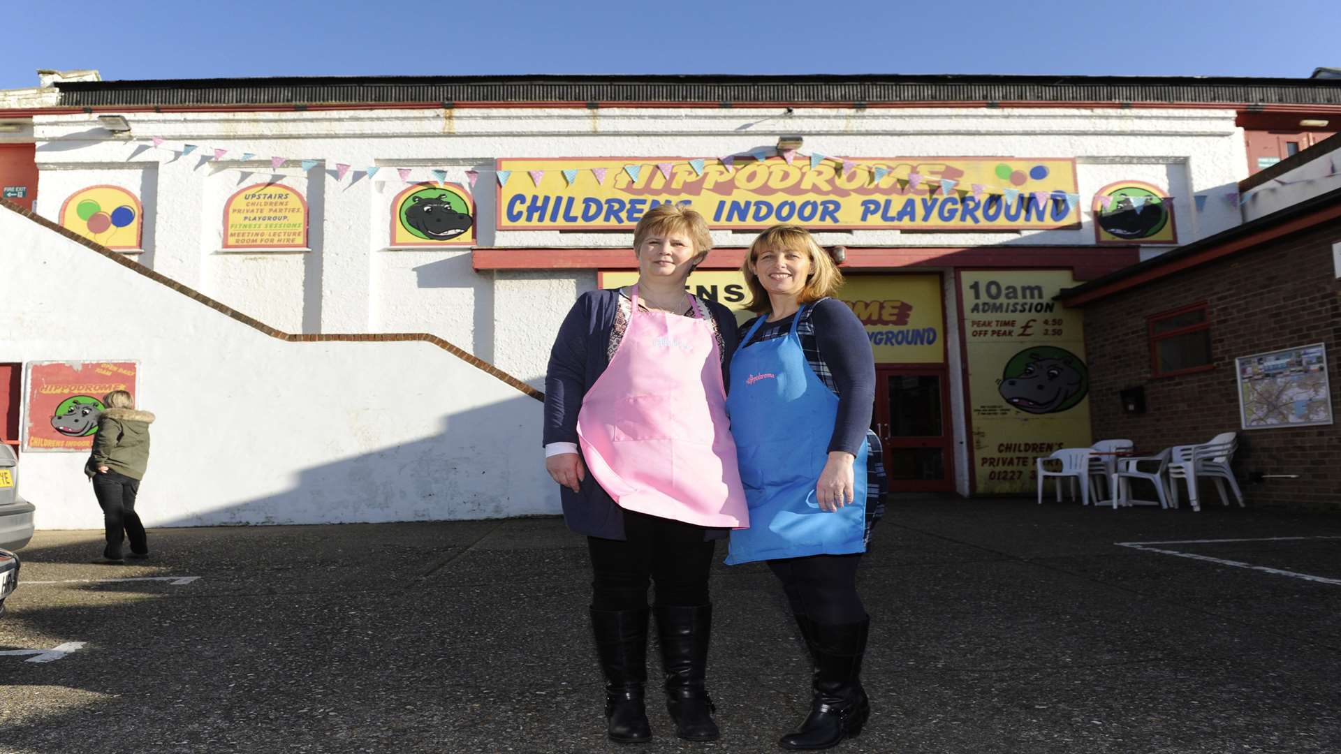 Teresa Hertzer and Fiona Rennie standing outside the Hippodrome after they took it over in 2015