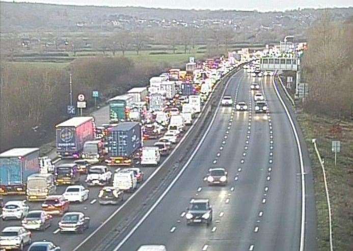 There are long delays on the M25 between Junction 5 for the M26 and Junction 6 for Godstone. Picture: National Highways