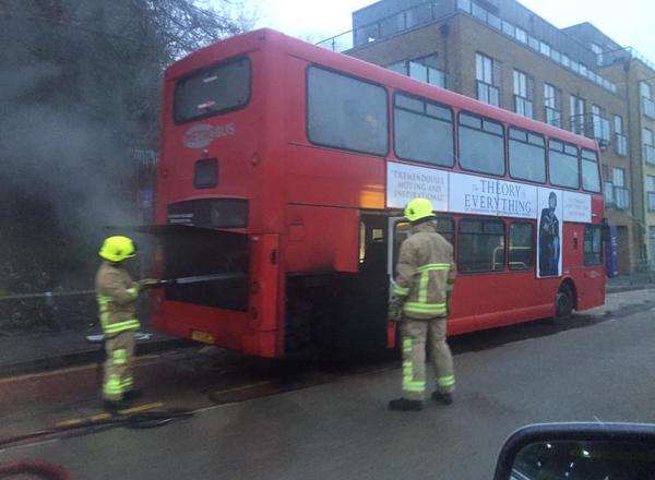 Fire crews tackle the bus blaze. Picture via @mrharrycole