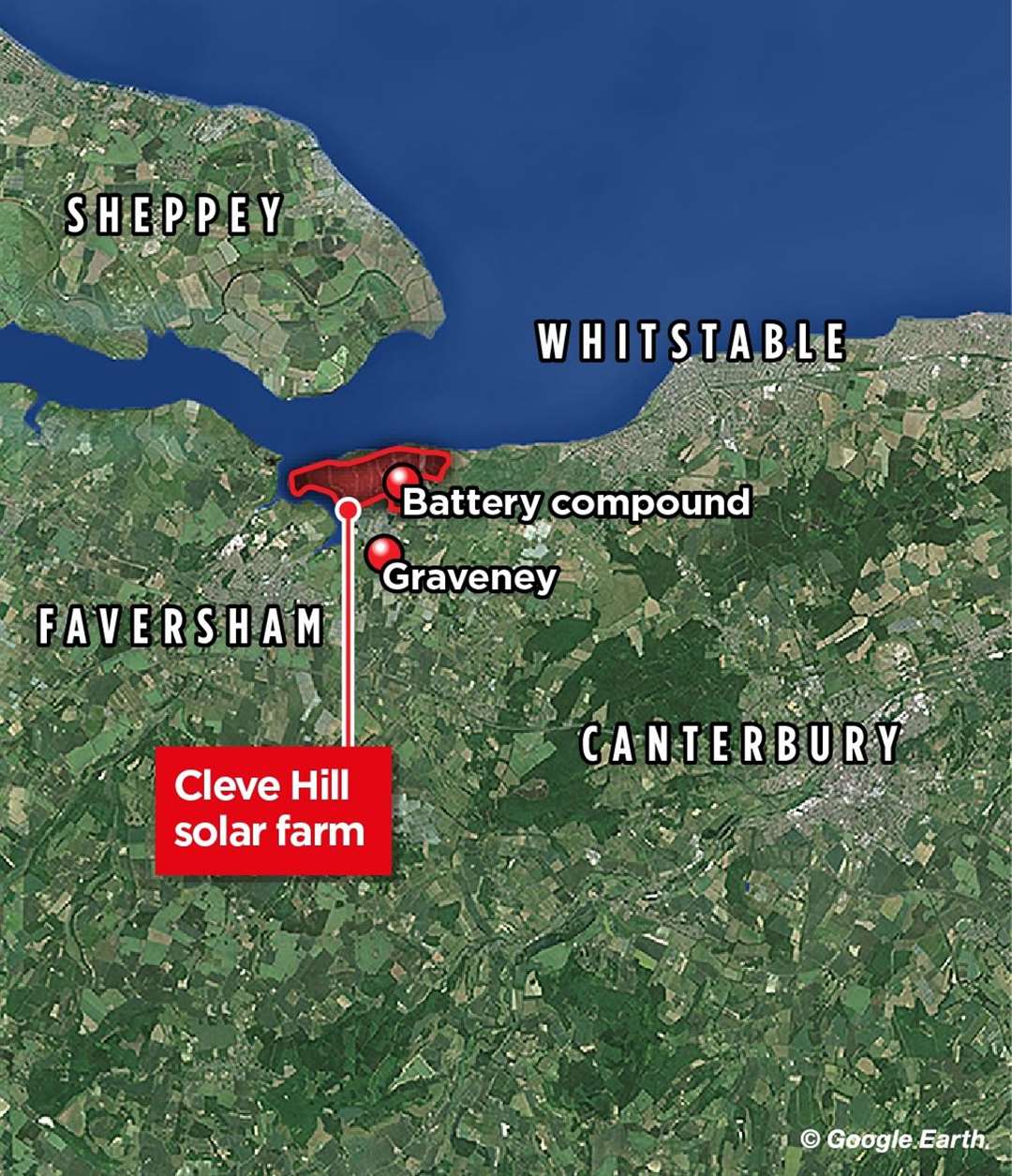 The giant solar farm will be located near Graveney, between Faversham and Whitstable