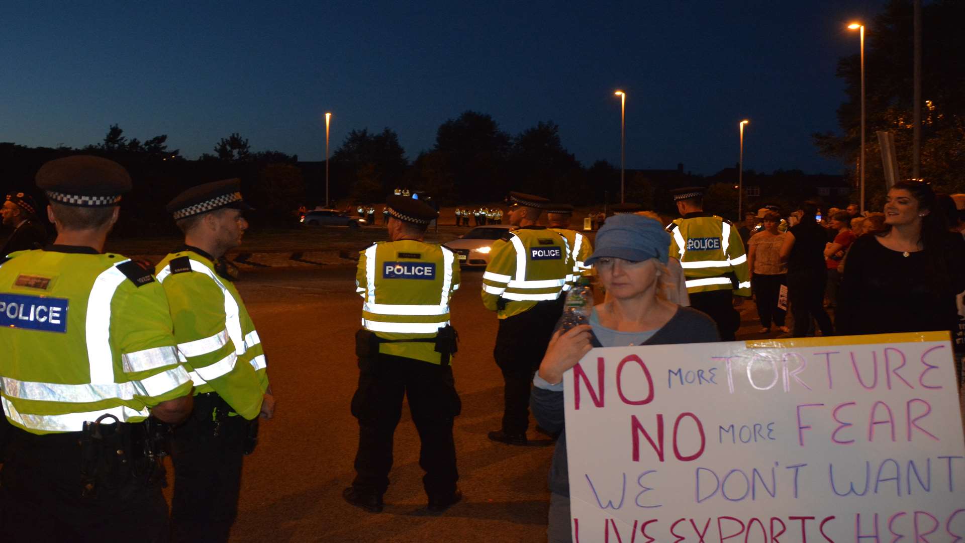Police formed a cordon to stop campaigners reaching lorries carrying live animal exports. Picture: Ian Driver