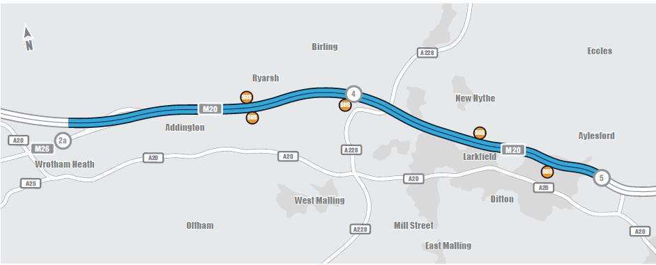 Map showing the area of the M20 covered by smart motorway works