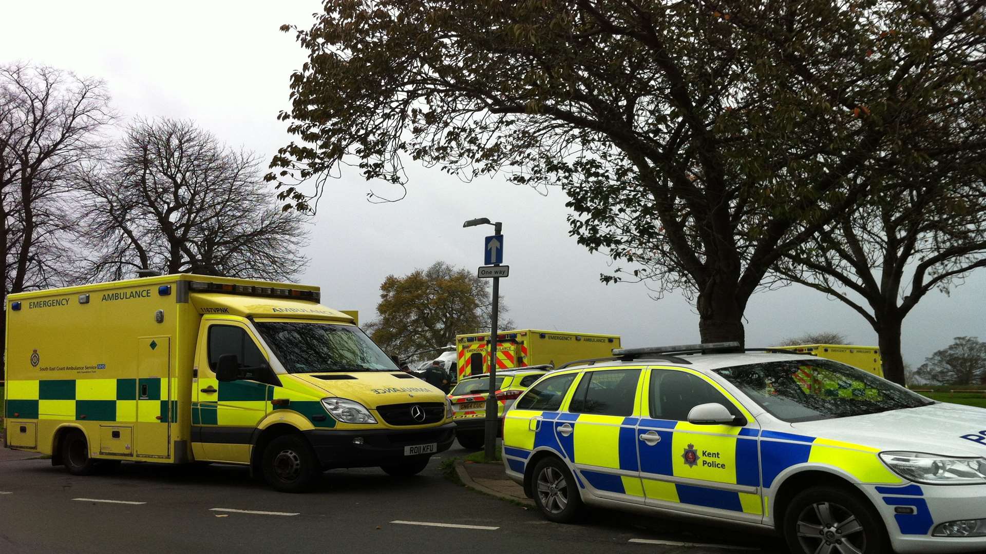 Emergency services parked around Rectory Park, Sittingbourne, at the time of the killing
