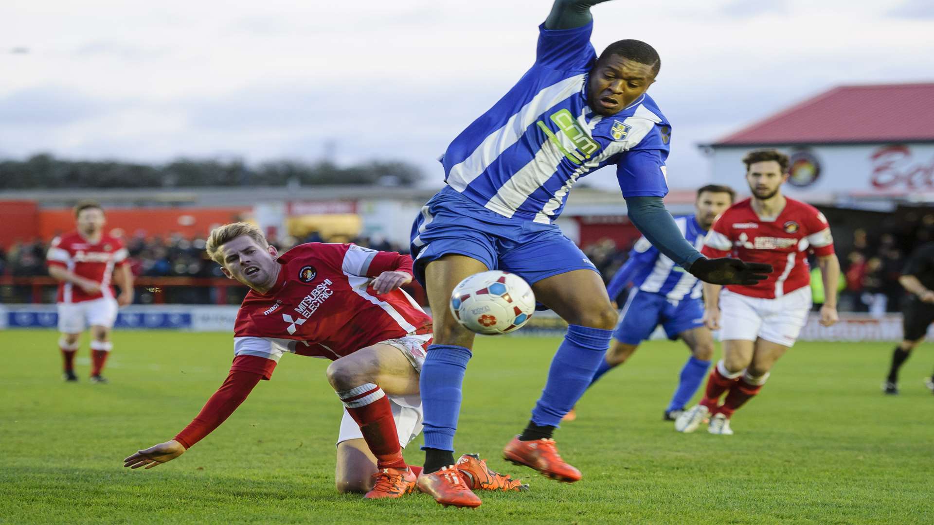 Jordan Parkes tries to win the ball back from Bishop Stortford's Morgan Ferrier Picture: Andy Payton