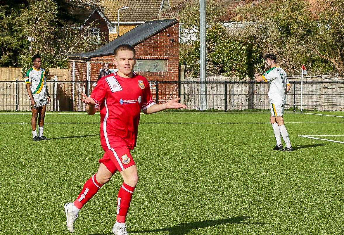 Double delight for Josh Oliver as the midfielder nets both goals in Whitstable's 2-0 weekend win - before he signed a contract with the club this week. Picture: Les Biggs