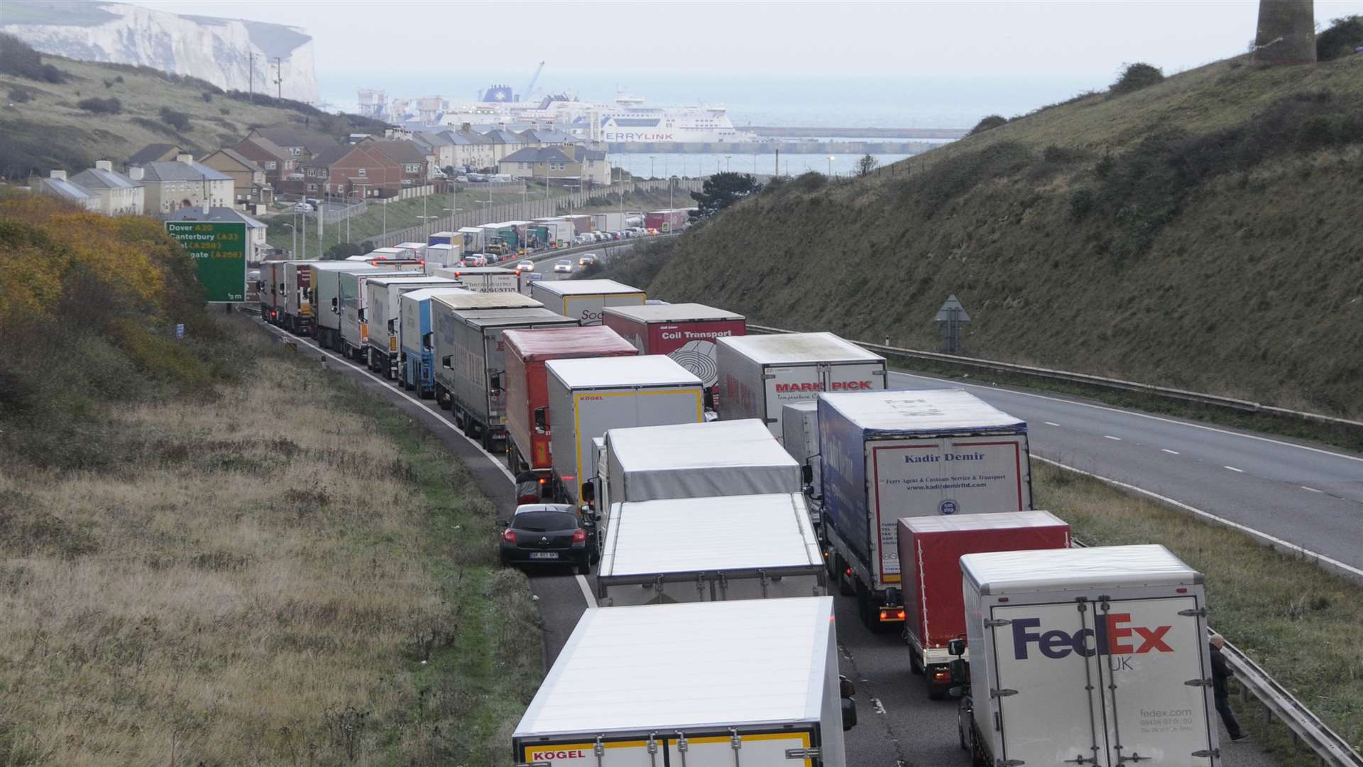 Lorries queuing on the way to Dover during disruption in 2014