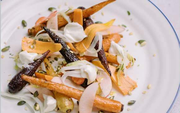 Rob Howell: Roasted carrots with spiced pumpkin seeds, peaches and crème fraîche