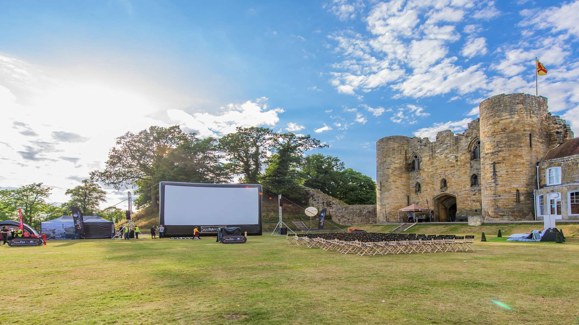 The screen is set up for Tonbridge Castle's first open air cinema. Picture: Nik Dudley Photography