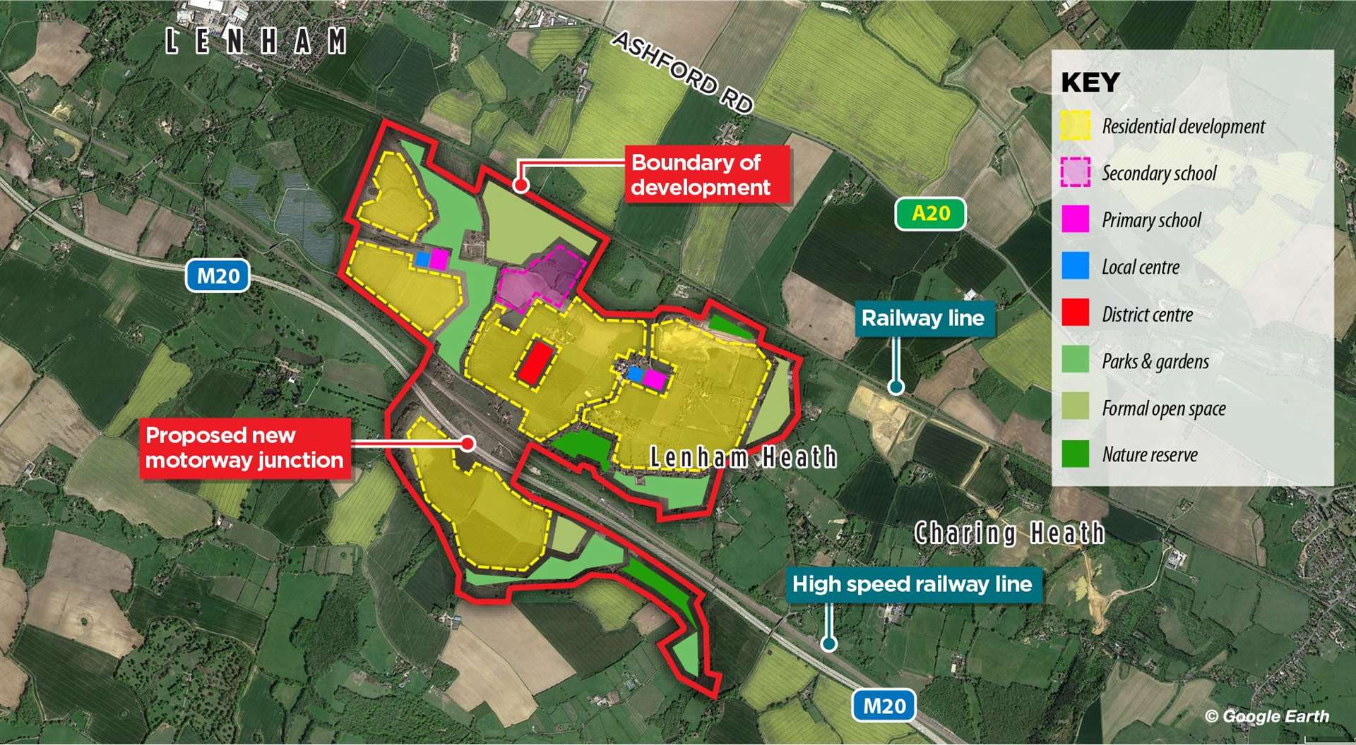 A map showing how the original plans for Lenham garden community would have looked. Created by KM Graphics