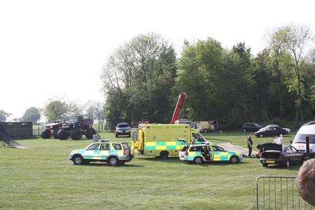 Emergency services at the accident. A man died after taking part in a human cannon ball stunt.