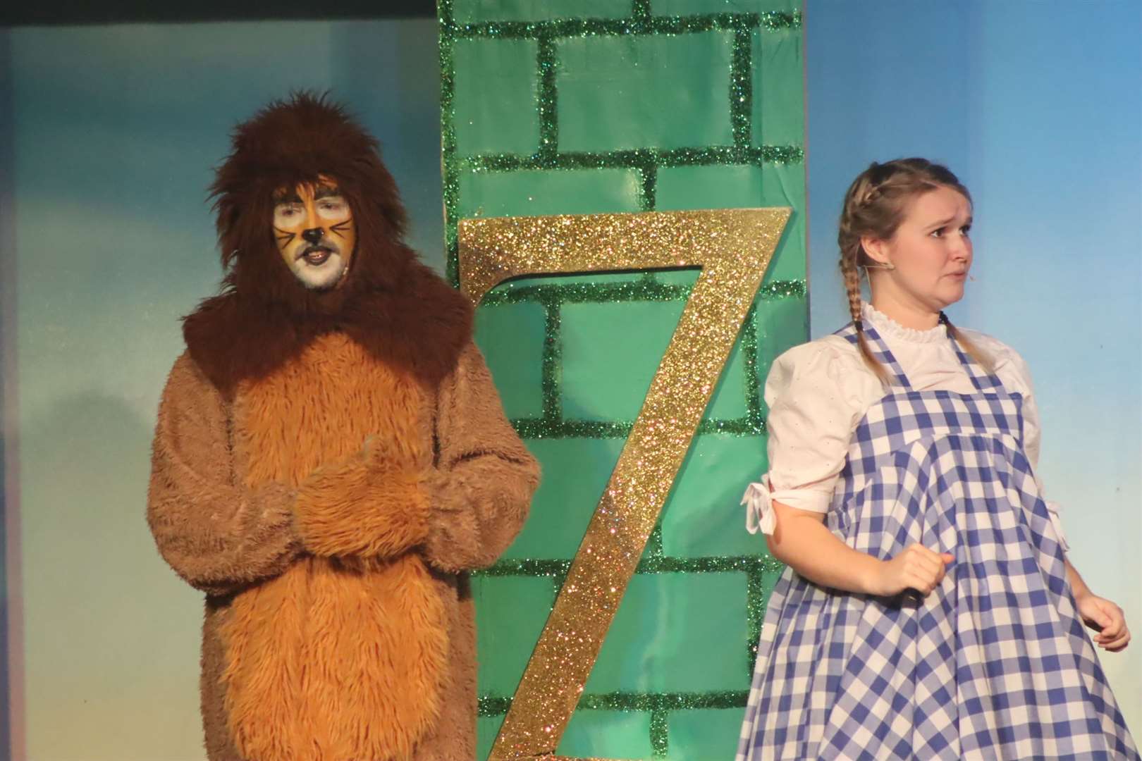 Cowardly Lion Jay Wallace-Langan with Dorothy (Melissa Suffield) in the Wizard of Oz at Swallows Leisure Centre, Sittingbourne (24320944)