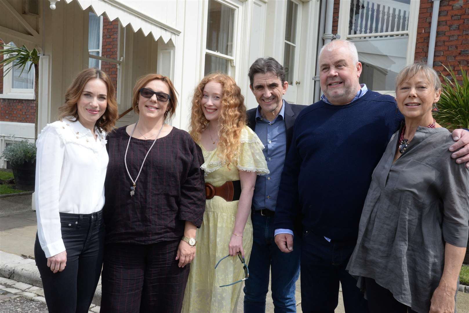 The cast of Call the Midwife at Chatham Historic Dockyard, from left, Laura Main (Shelagh Turner), Annabelle Apsion (Violet), Victoria Yeates (Sister Winifred), Stephen McGann (Dr Turner), Cliff Parisi (Fred) and Jenny Agutter (Sister Julienne). Picture: Chris Davey