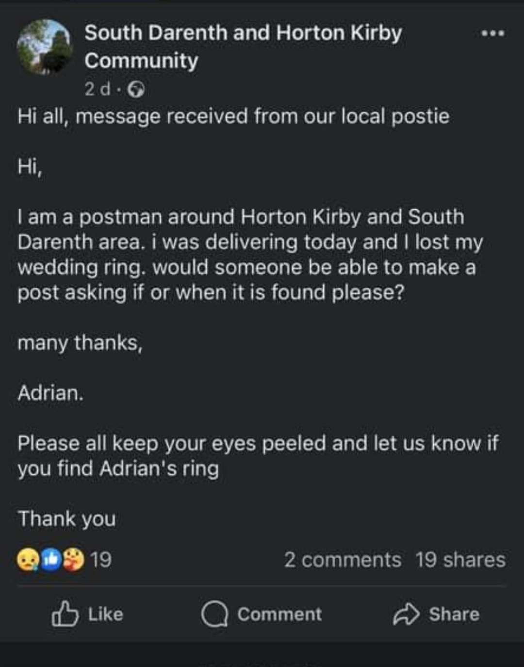 Adrian Moor posted a message on social media in a desperate bid to find his ring