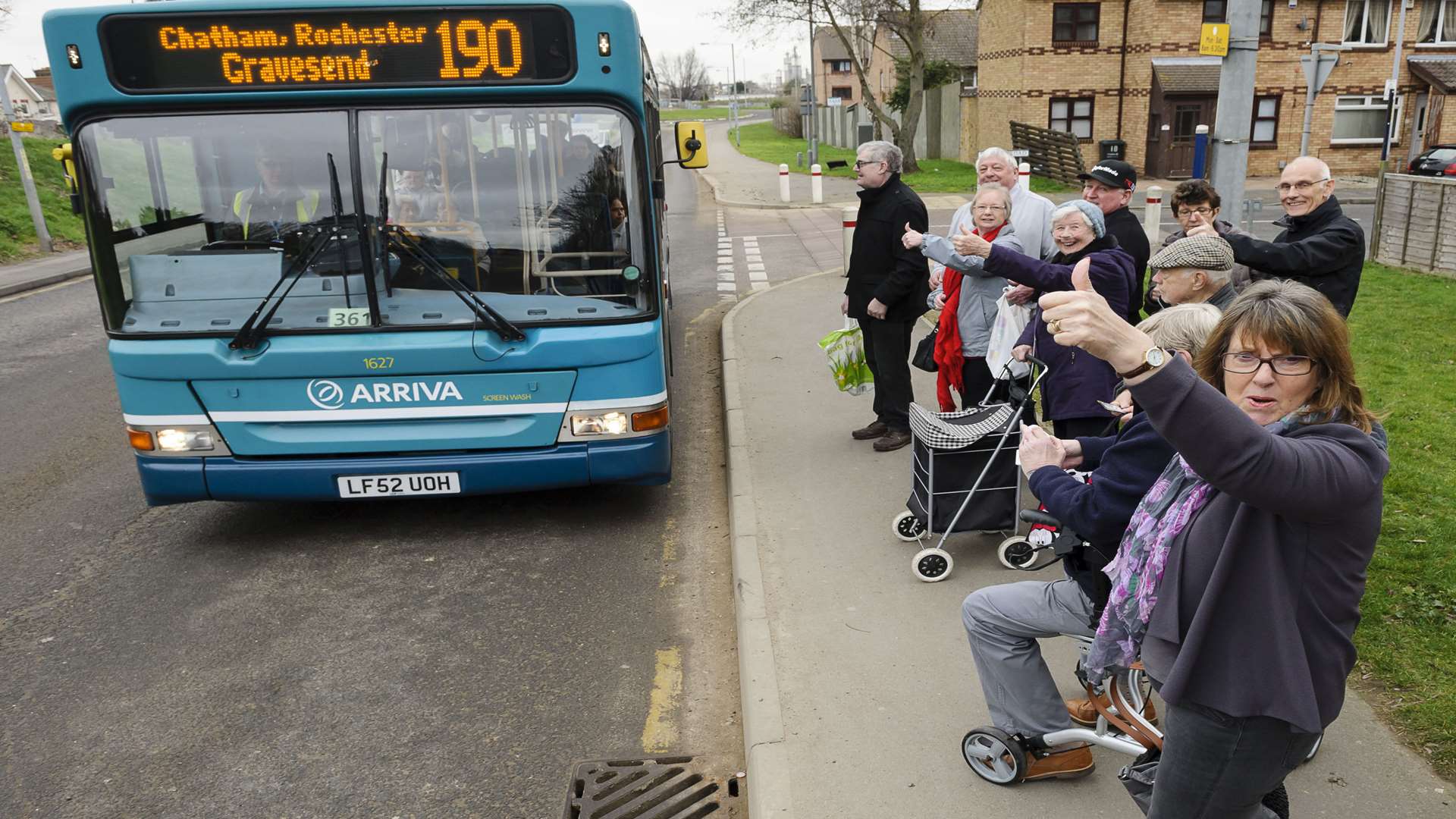 Thumbs up from Doreen Scoons and others as the bus to Gravesend arrives. Picture: Andy Payton
