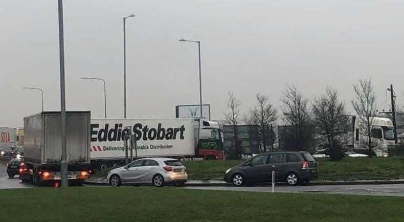 Lorries queuing on the 'McDonald's roundabout' at the entrance to Waterbrook Park in January. Picture: AJ Services