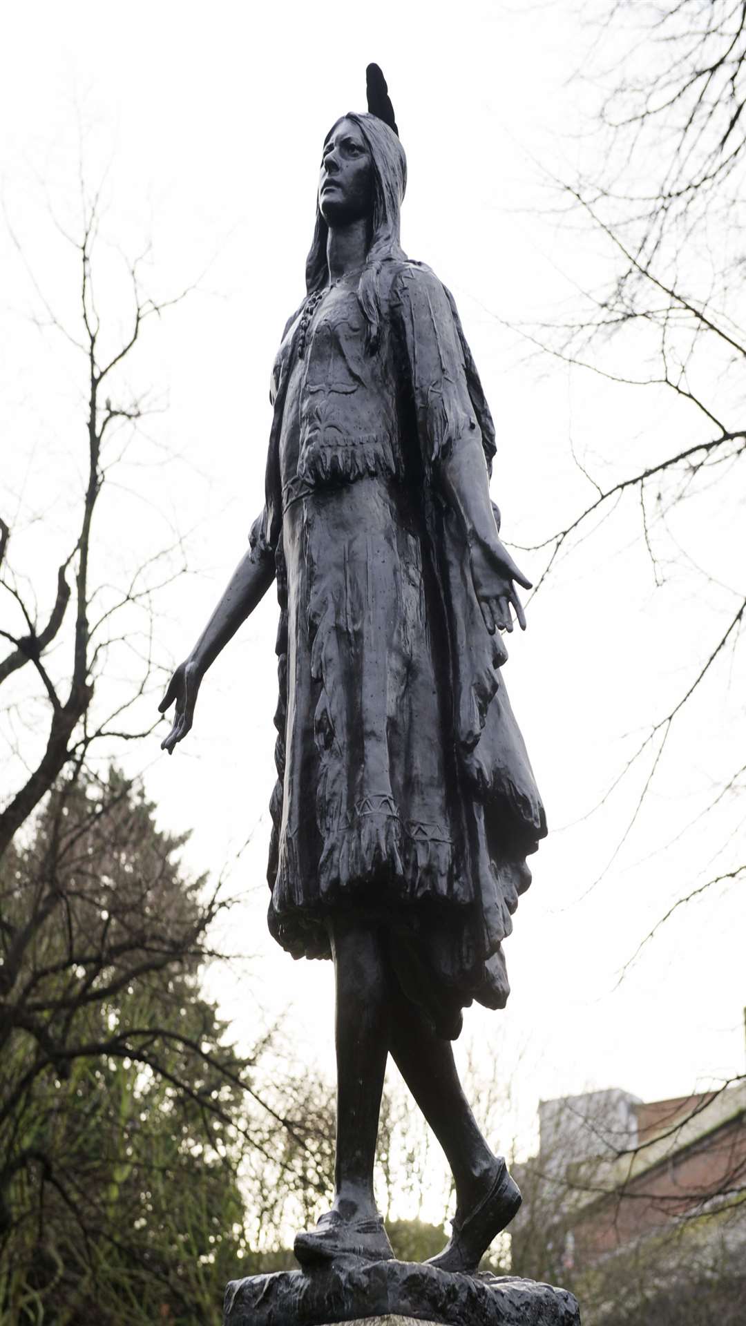 The statue of Pocahontas in Pocahontas Gardens, St George's Church, Gravesend