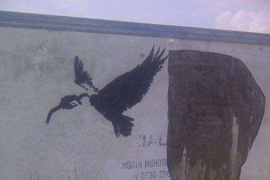 The rumoured Banksy vulture at Dungeness, which was defaced