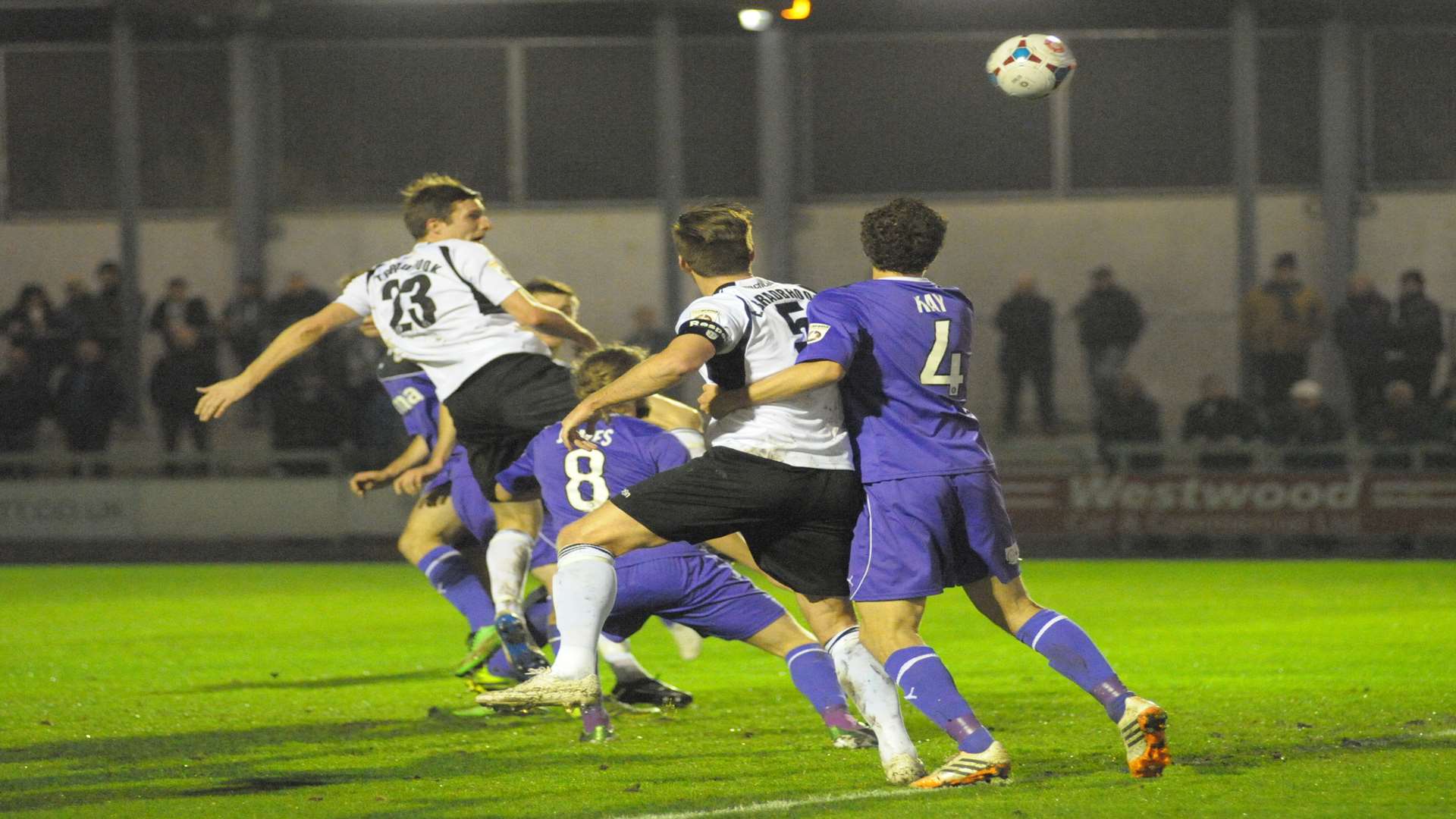 Tom Bradbrook goes close for Dartford with this header against Chester Picture: Steve Crispe