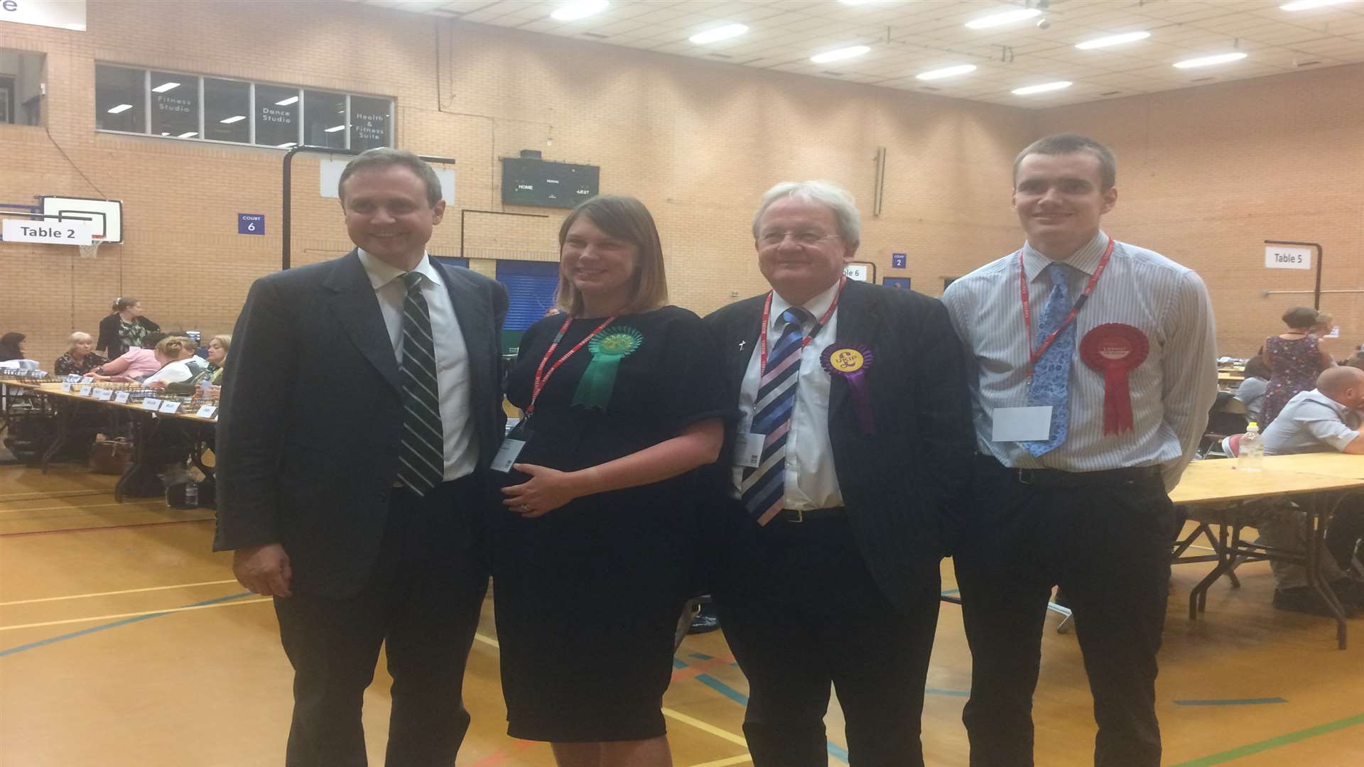 Tom Tugendhat (Con), April Clark (Green), Colin Bullen (Ukip), and Dylan Jones (Lab) before the result announcement.