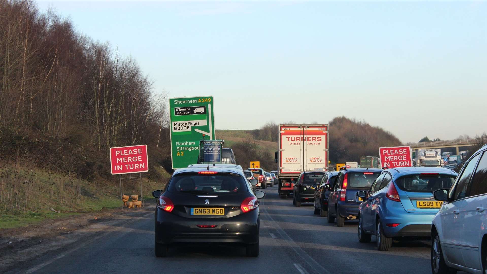 Traffic on the A249 approaching Key Street roundabout at Sittingbourne