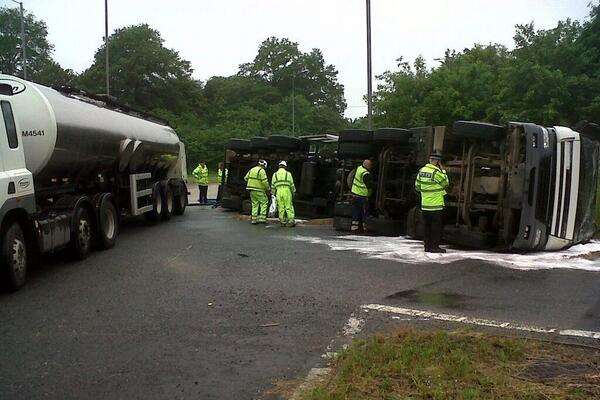 The overturned milk tanker with its spilled lorry. Picture: @Kent_999s
