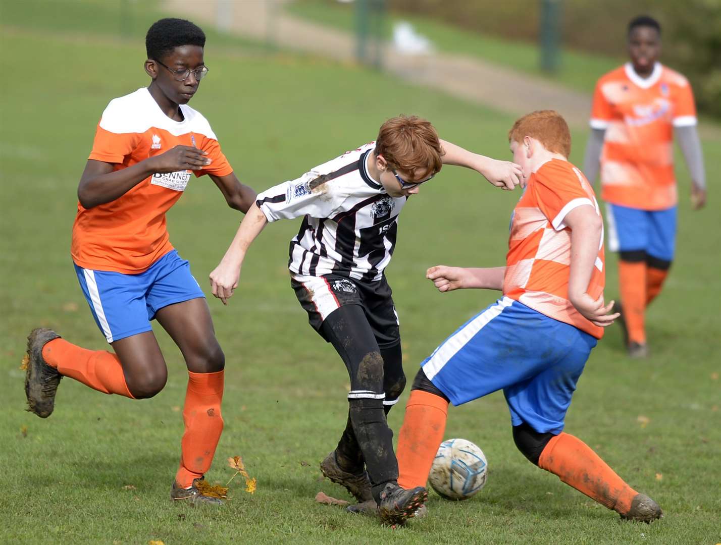 Milton & Fulston United Zebras under-13s (black/white) aim to get past Cuxton 1991 Dynamos under-13s. Picture: Barry Goodwin (42936755)