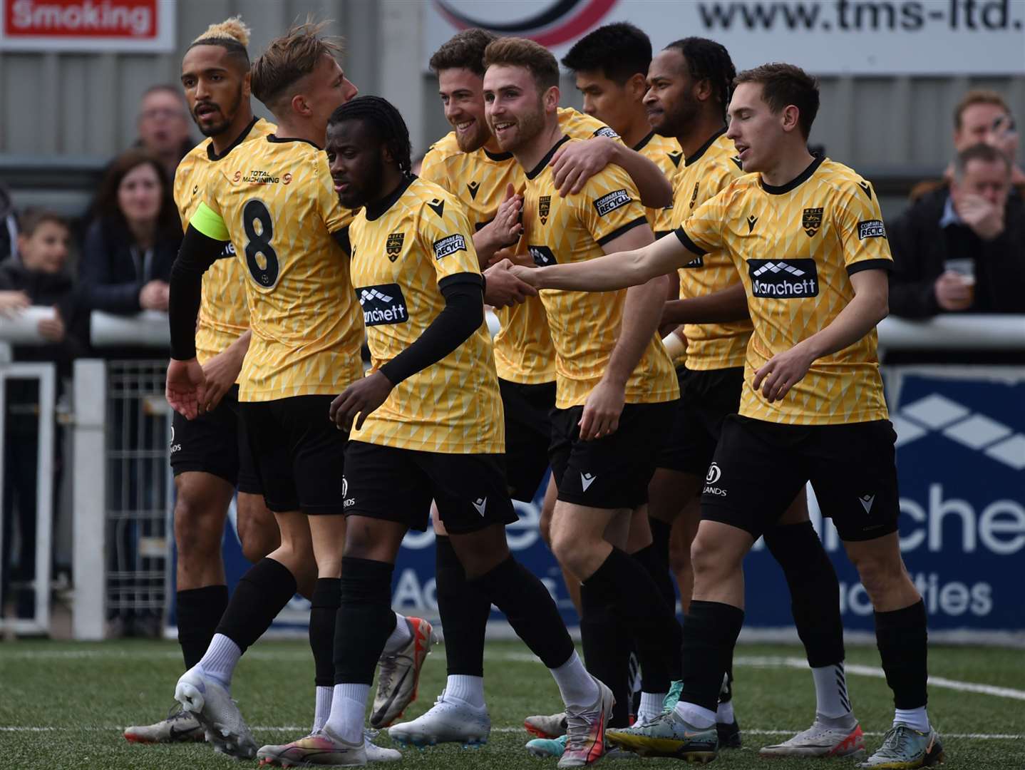 Celebrations for Maidstone after George Fowler, centre, opened the scoring. Picture: Steve Terrell