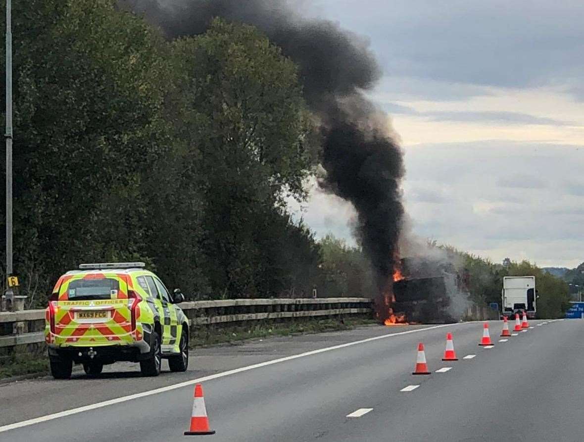 A lorry caught fire on the M20 this afternoon