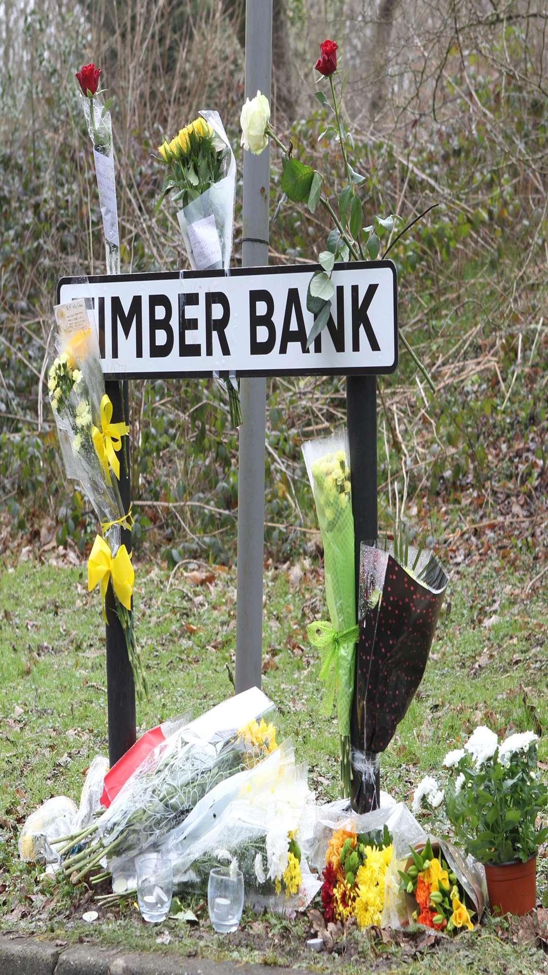 Floral tributes adorn the Timber Bank sign in Vigo near to where the two 18-year-olds died. Picture: John Westhrop