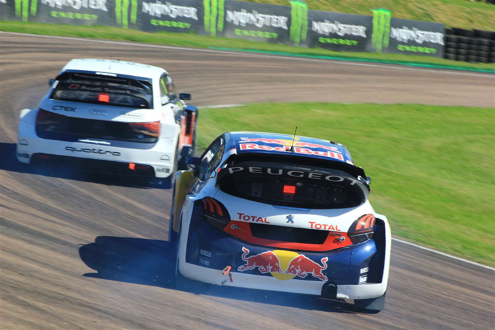 Mattias Ekstrom and Timmy Hansen battle at the hairpin. Picture: Joe Wright