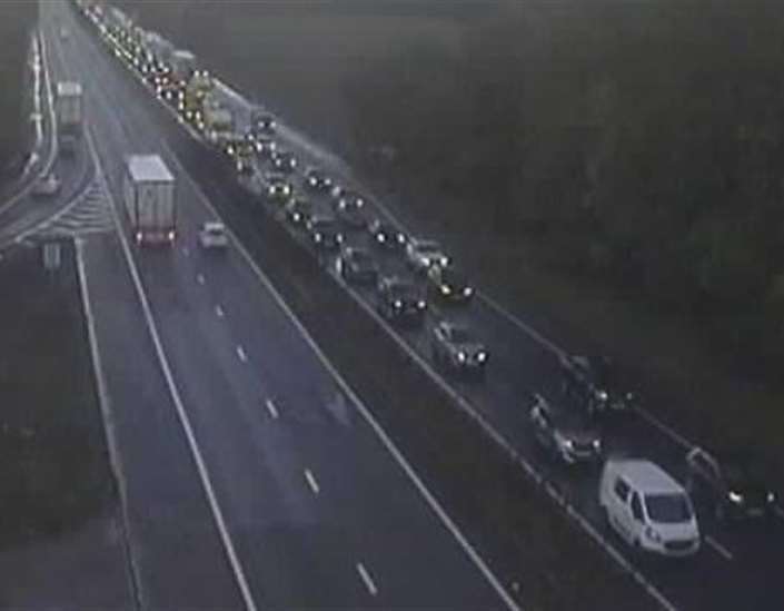 There was queueing traffic on the M2 due to flooding between the Stockbury Roundabout, Sittingbourne, to Hoath Way, Gillingham yesterday. Picture: National Highways