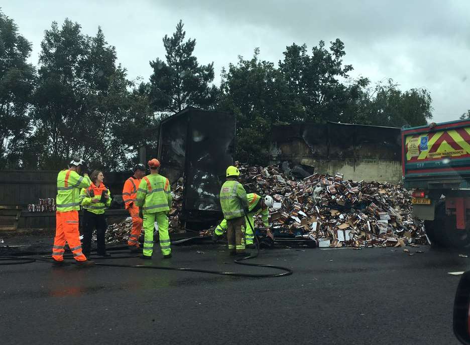 Debris is on the road after the A2 fire. Picture: @OldPenguino