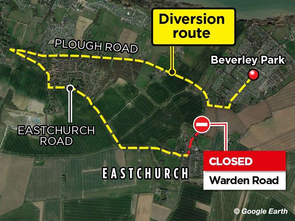 The Eastchurch road closure and diversion. Picture: KM Graphics