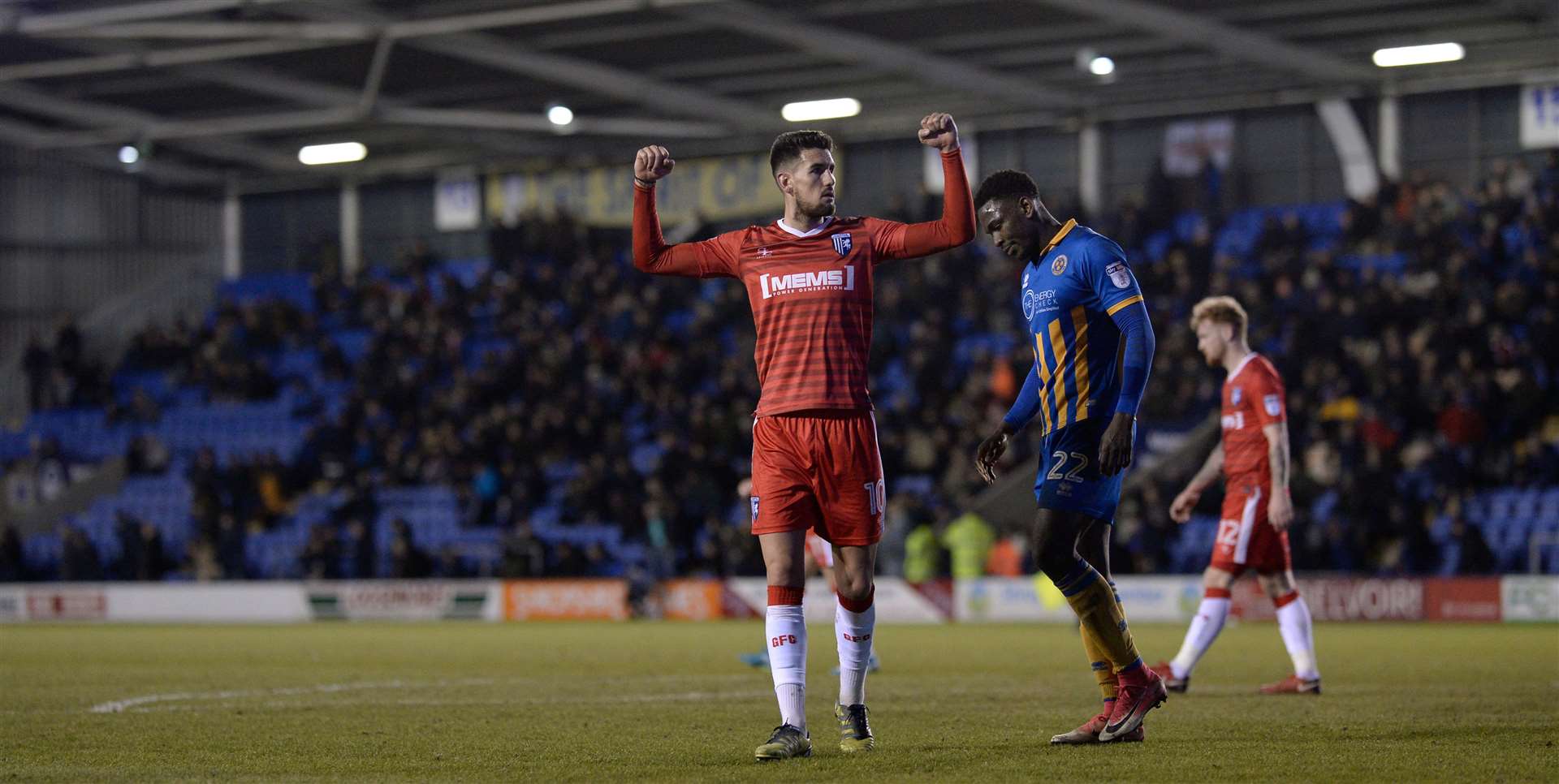 Gillingham’s Conor Wilkinson celebrates a point against last season's surprise package Shrewsbury. Picture: Ady Kerry