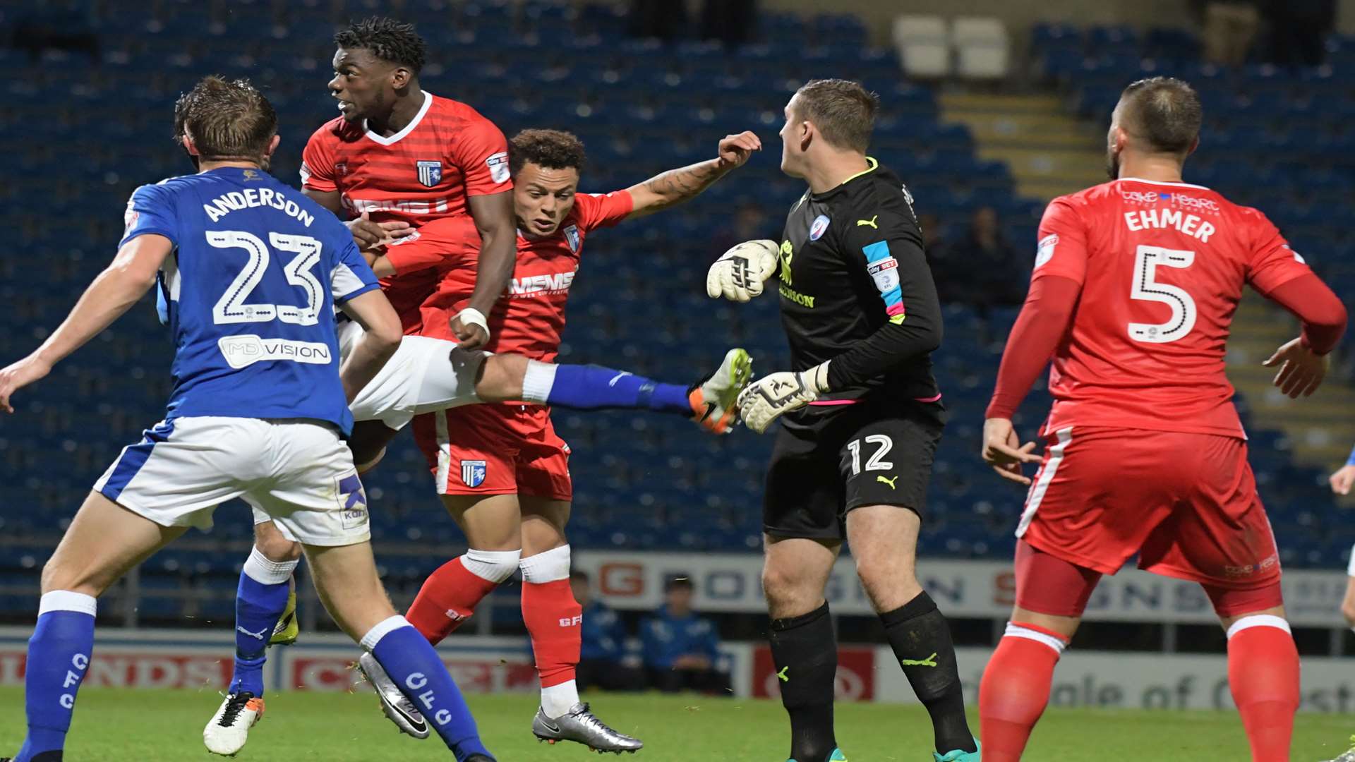 Deji Oshilaja causes panic in the Spireites defence Picture: Barry Goodwin