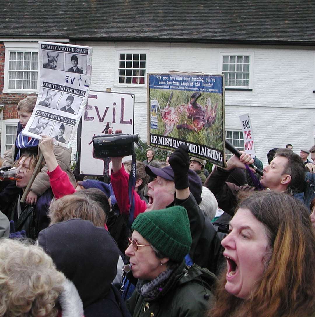 Angry protesters confront members of the Elham Valley Hunt in 2002.