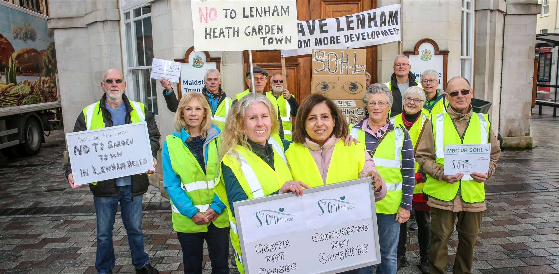 SOHL previously protested against the proposals for 5,000 homes in Lenham. Kate Hammond and Afsaneh Smith with other protestors. Picture: Matthew Walker.