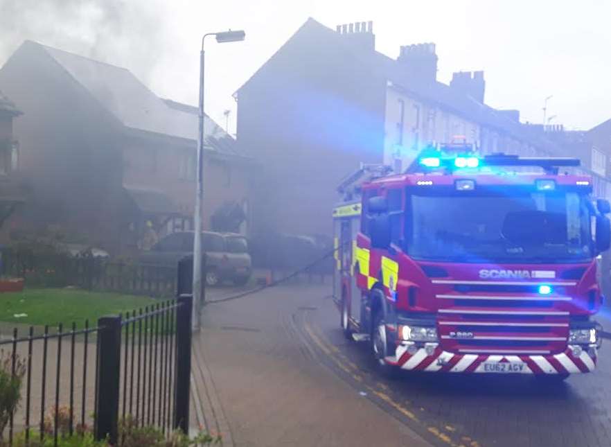 A fire engine at the scene of the car blaze in Delamark Road, Sheerness