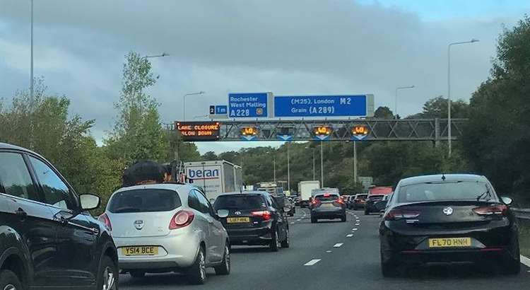 Queuing traffic on the London-bound M2 between Junction 3 for Chatham and Junction 2 for Strood