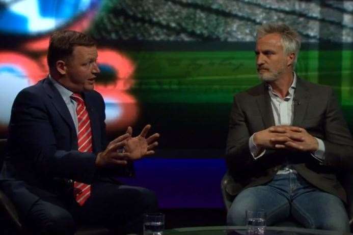 Mr Collins alongside former French footballer and ex-FIFA presidential candidate David Ginola. Picture: Newsnight/BBC iPlayer