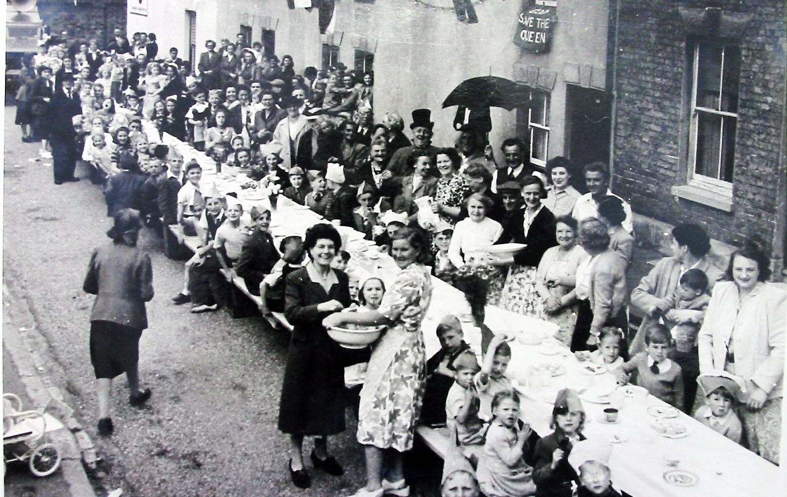 Families from Caslocke Street, and their neighbours, enjoy a Faversham street party. Image supplied by Reg Longman.